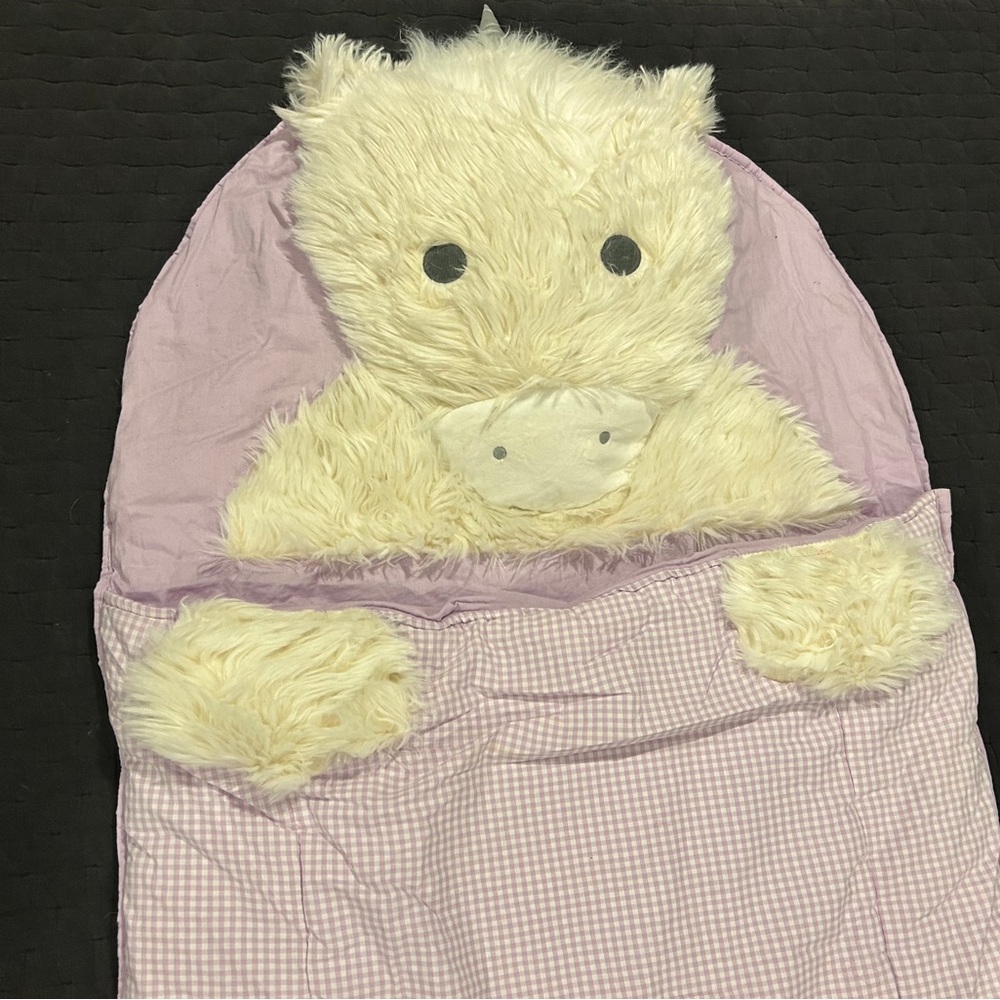 Pottery Barn kids Adorable Purple and Cream unicorn Sleeping Bag